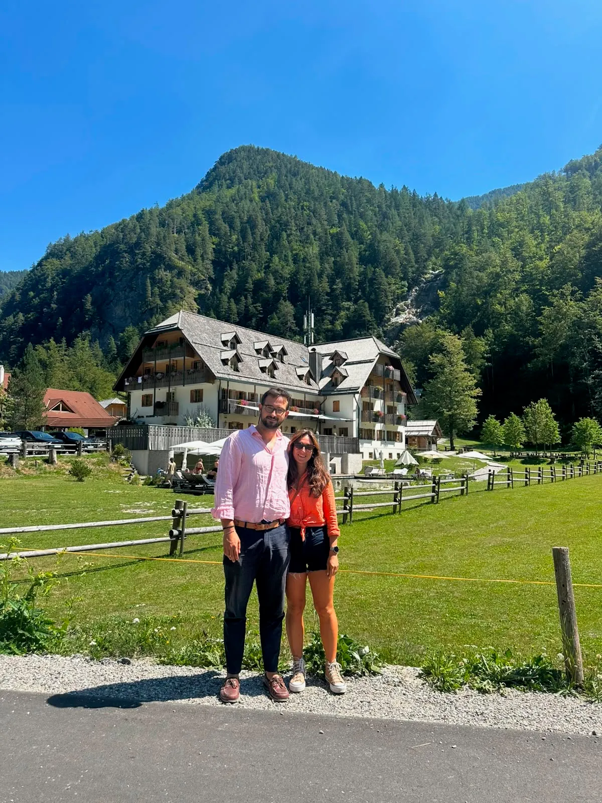Alejandra and Urban standing in front of Hotel Plesnik